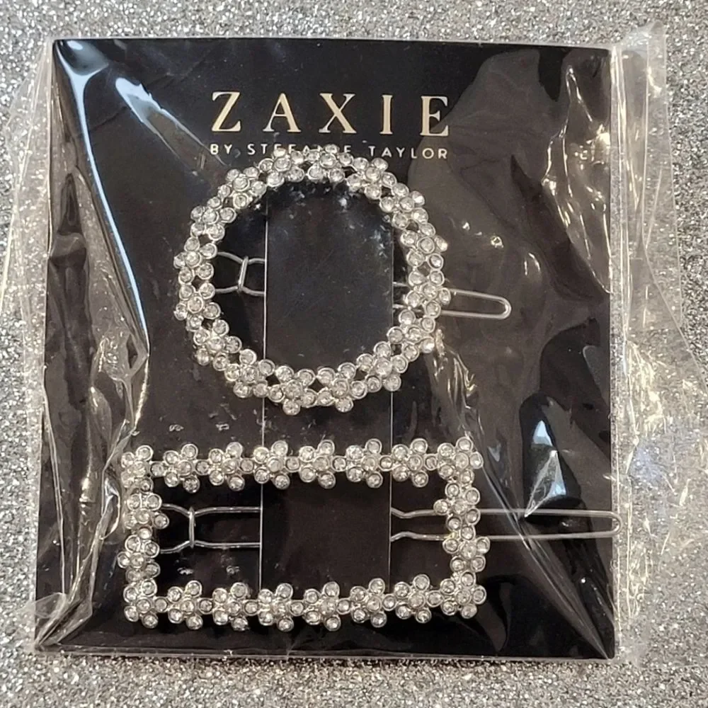 Zaxie Circle and Square Hair Clips Set of 2 Clear Stones in Floral Design New